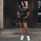 Fashionable Changeable Solid Color off-the-Shoulder Short Sleeve Urban Casual Loose Romper